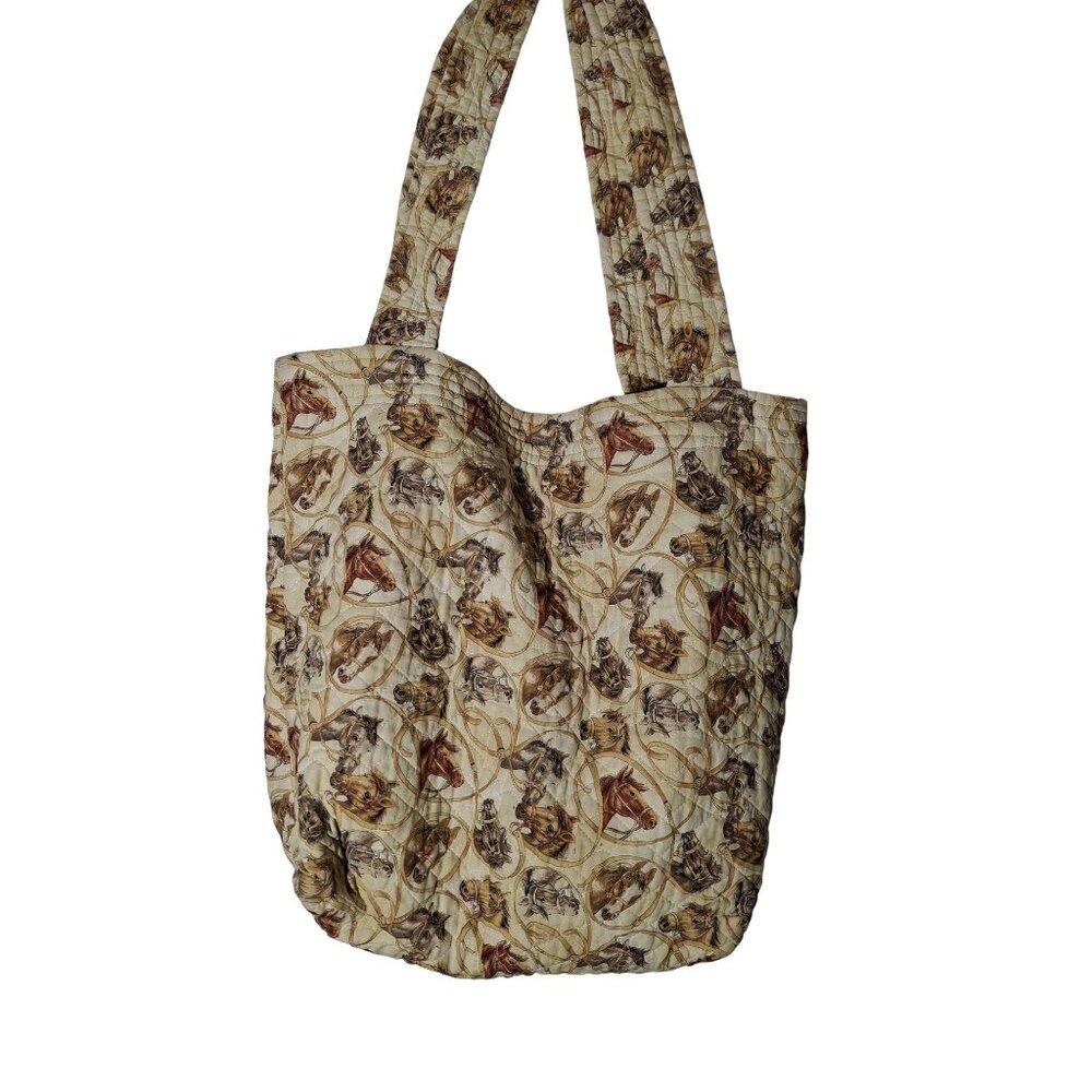 Vtg Quilted Horse Print Tote Bag With Reversible Interior Red Rope Pattern